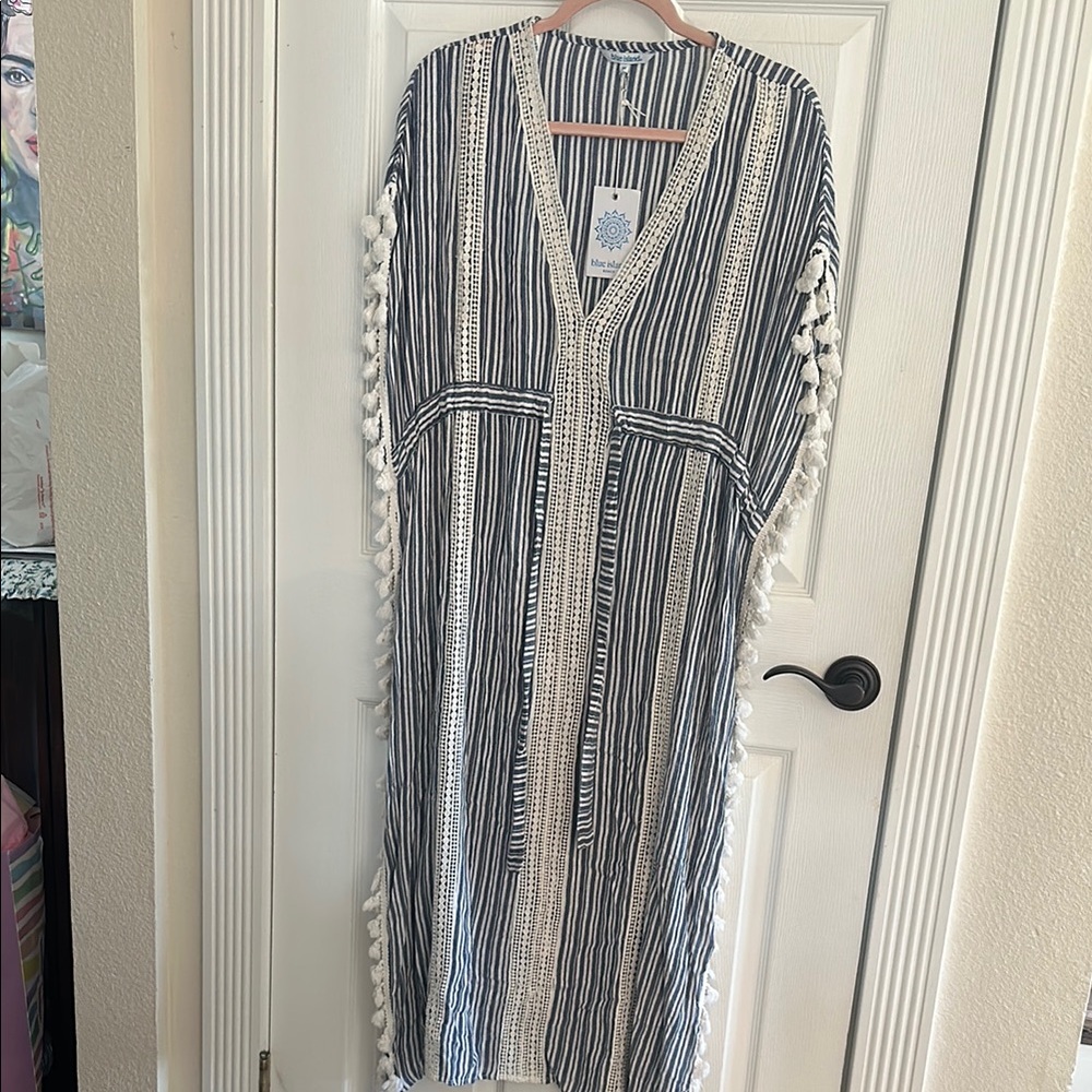 Blue Island Striped V-Neck Tassel Cover-Up